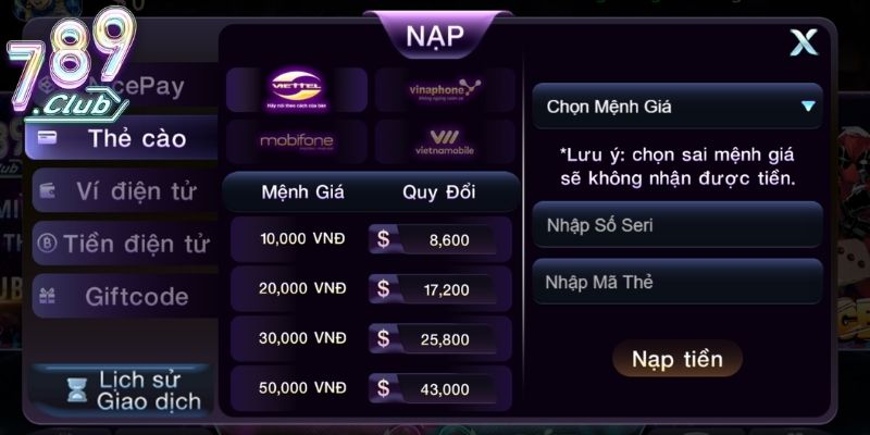 Tổng hợp hình thức giao dịch nạp tiền 789Club phổ biến